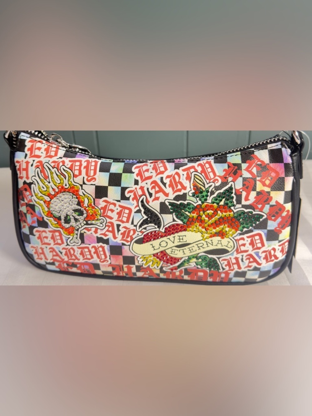 Ed Hardy Black White Red Checkered Patchwork Shoulder Bag